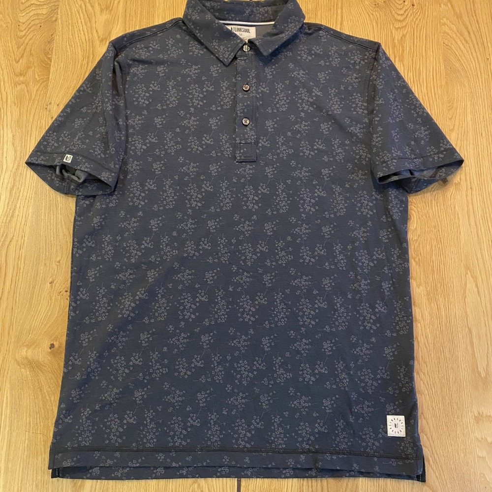 Linksoul Anza AOP Blue Floral Short Sleeve Golf Polo Shirt All Over Print Sz M